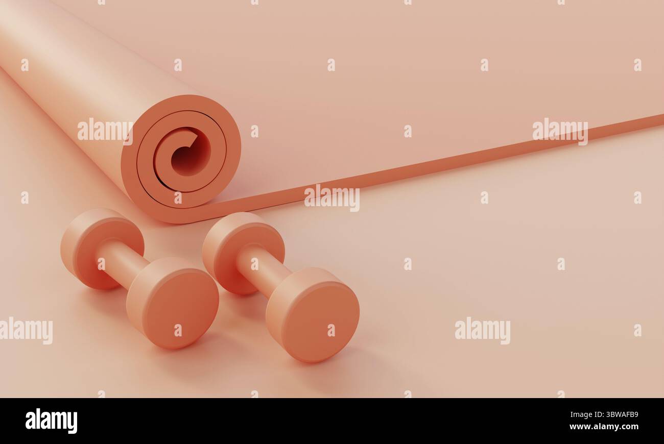 Set di accessori sportivi per il fitness con materassino yoga e manubri su sfondo rosa pastello. Fitness e sport concetto oggetto. Monocolore. Immagine 3D rend Foto Stock