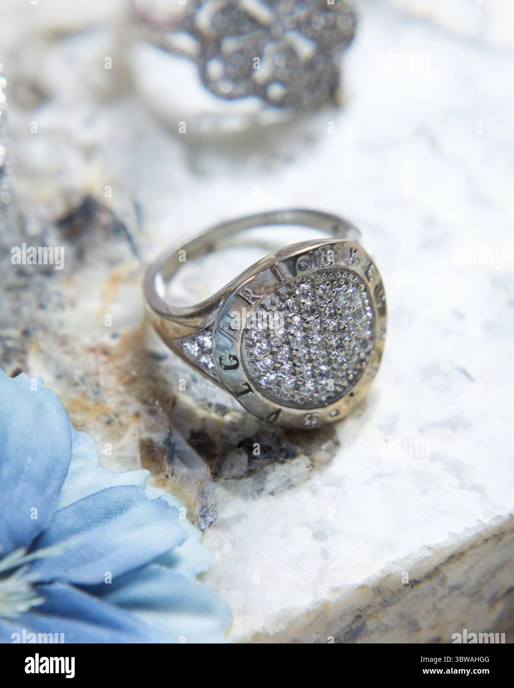 Anello in argento con diamanti sulla superficie in pietra con altri anelli e fiore blu fuori fuoco sullo sfondo Foto Stock