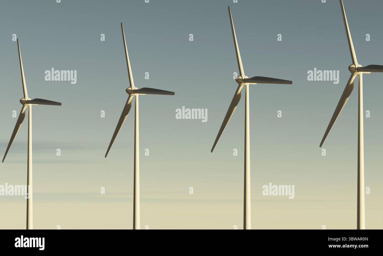 Turbine eoliche che girano per generare elettricità per le famiglie in mare con il cielo dell'alba come centrale elettrica rinnovabile. Concetto di energia pulita e sostenibile. 3D Foto Stock