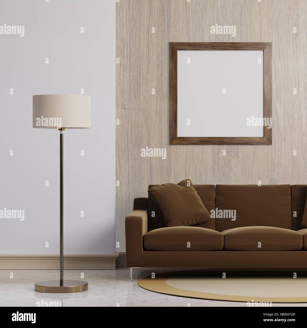Interni lussuosi e moderni con un'idea di arredo di concetto per la casa in un soggiorno dai toni marrone scuro. Lampada elettrica in piedi e cornice vuota in legno su cemento Foto Stock