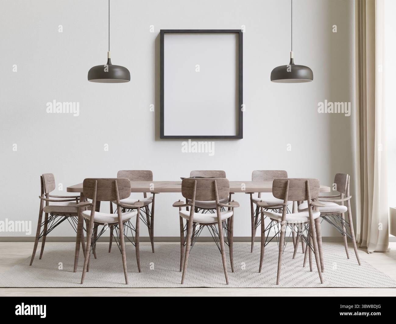 Sala da pranzo e cucina: Copia dello spazio su sfondo bianco, vista frontale, rendering 3D. Foto Stock