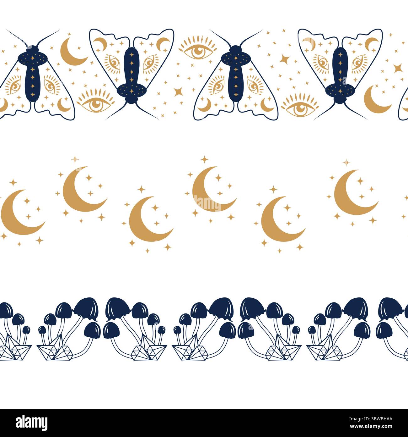 Bordo orizzontale, imposta magia e cielo senza cuciture, con elementi magici simboli del tema stregoneria Illustrazione Vettoriale