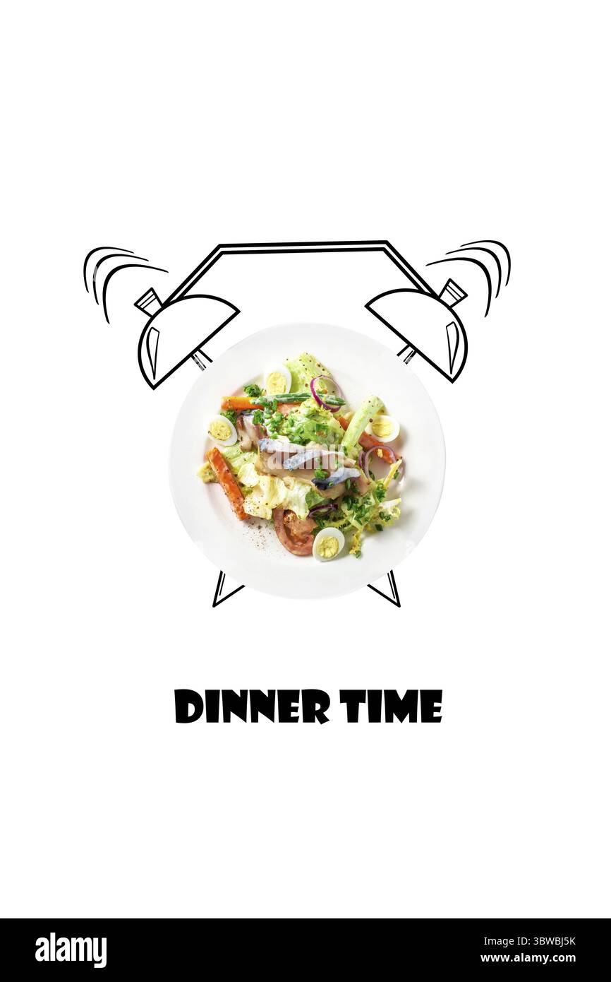 Menu business lunch design. Insalata sul piatto con sveglia. Concetto di ora di cena. Illustrazione degli alimenti isolata su sfondo bianco Foto Stock Menu business lunch design. Insalata sul piatto con sveglia. Concetto di ora di cena. Illustrazione degli alimenti isolata su sfondo bianco Foto Stock