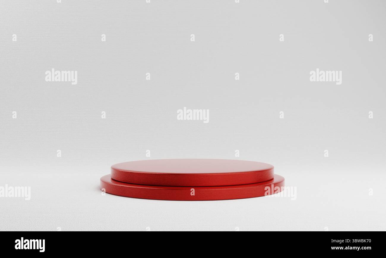 Cilindro rotondo rosso su sfondo bianco. Concetto astratto di geometria minima. Piattaforma podio studio. Fase di presentazione della mostra. 3D Foto Stock