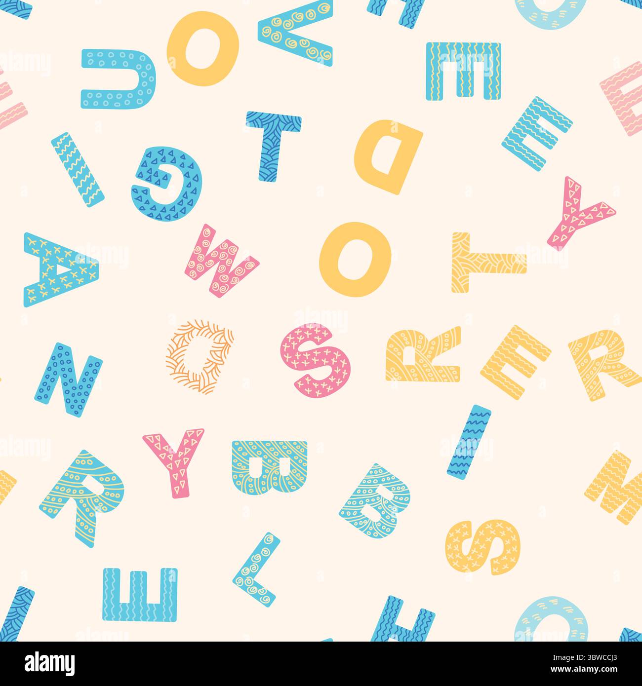 Motivo ABC senza cuciture in semplice stile cartoni animati. Graziosa stampa alfabetica - design con motivo infantile senza cuciture disegnato a mano. Carta digitale. Illustrazione Vettoriale