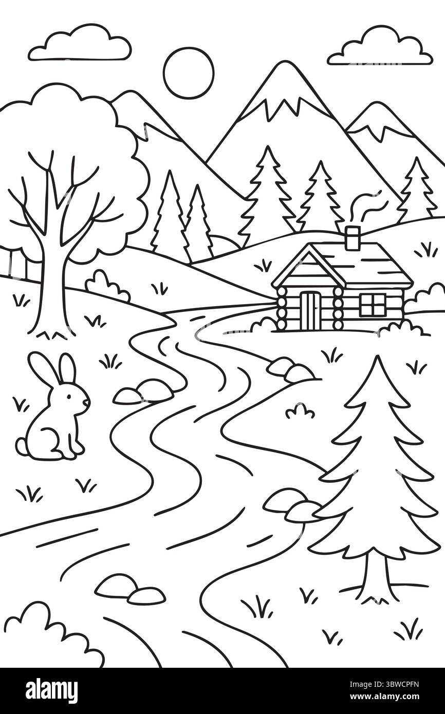 Paesaggio montano a valle con barca e ponte di pietra. Illustrazione Vettoriale