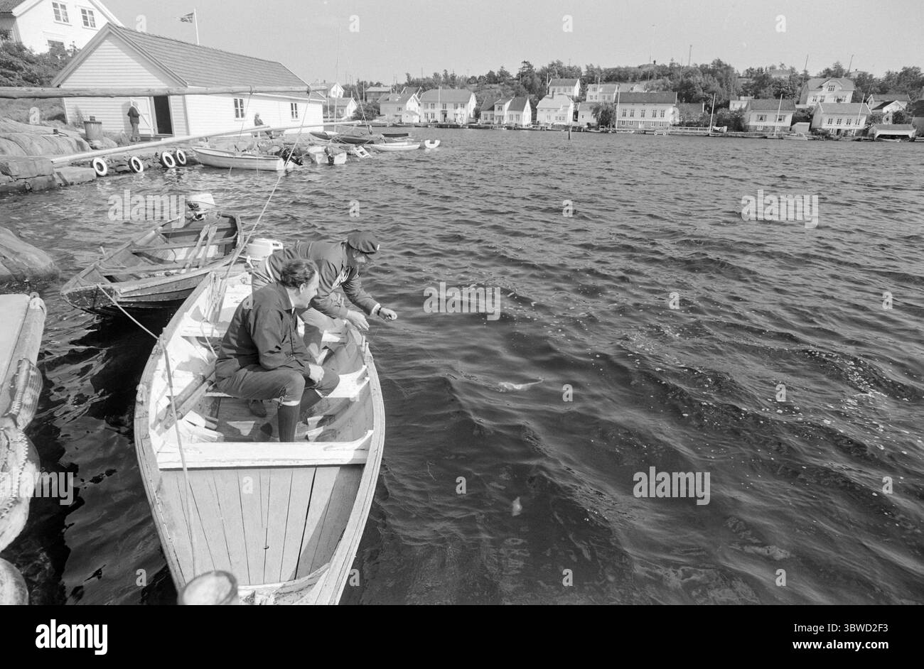 Attuale 29-6-1972 : Ministro degli studi Sørlandet. Sørlandet deve essere protetto per il pubblico. Il ministro Olav Gjærevoll e i rappresentanti del Ministero dell'ambiente e delle autorità locali hanno effettuato un'ispezione per esaminare le aree che diventeranno proprietà pubblica. Gjærevoll in barca a remi. Foto: Aage Storløkken / Current / NTB ***LA FOTO NON È STATA ELABORATA*** *il testo è tradotto automaticamente* Foto Stock