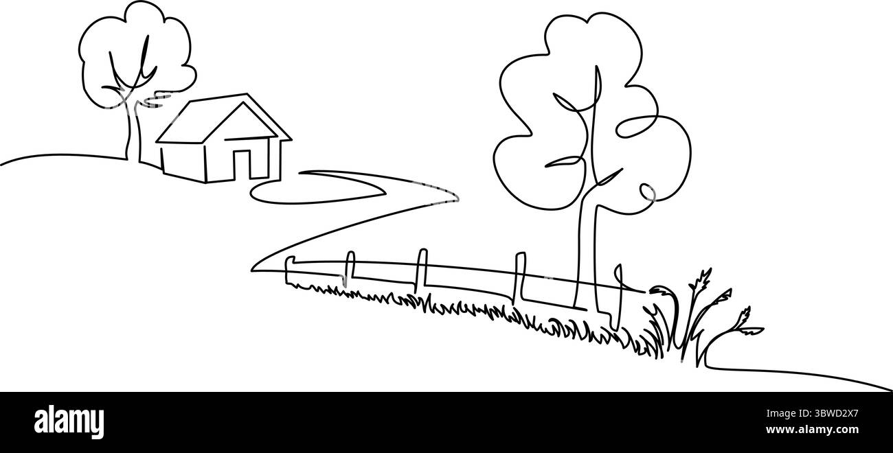 Paesaggio rurale. Villaggio con strada e casa. Recinzione in legno lungo la strada. Illustrazione Vettoriale