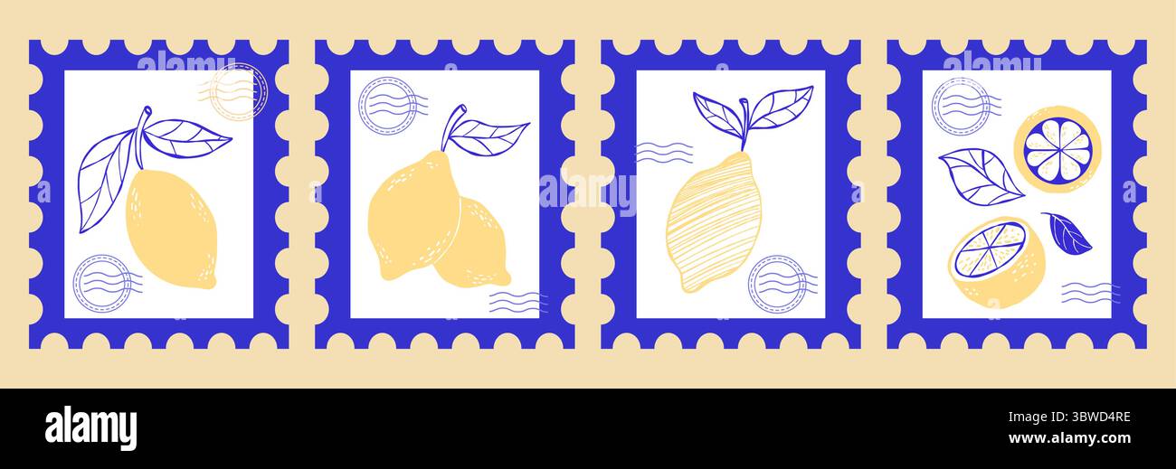 Set di francobolli per il Mediterraneo. Limoni gialli vintage con foglie blu. estetica la dolce vita. Poster verticali isolati e alla moda per l'estetica Illustrazione Vettoriale