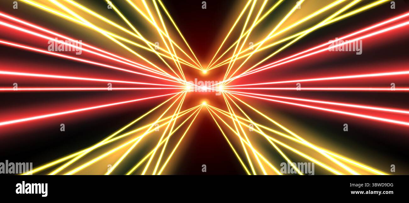 Raggi laser o raggi, linee al neon brillanti, sfondo luminoso e futuristico Illustrazione Vettoriale