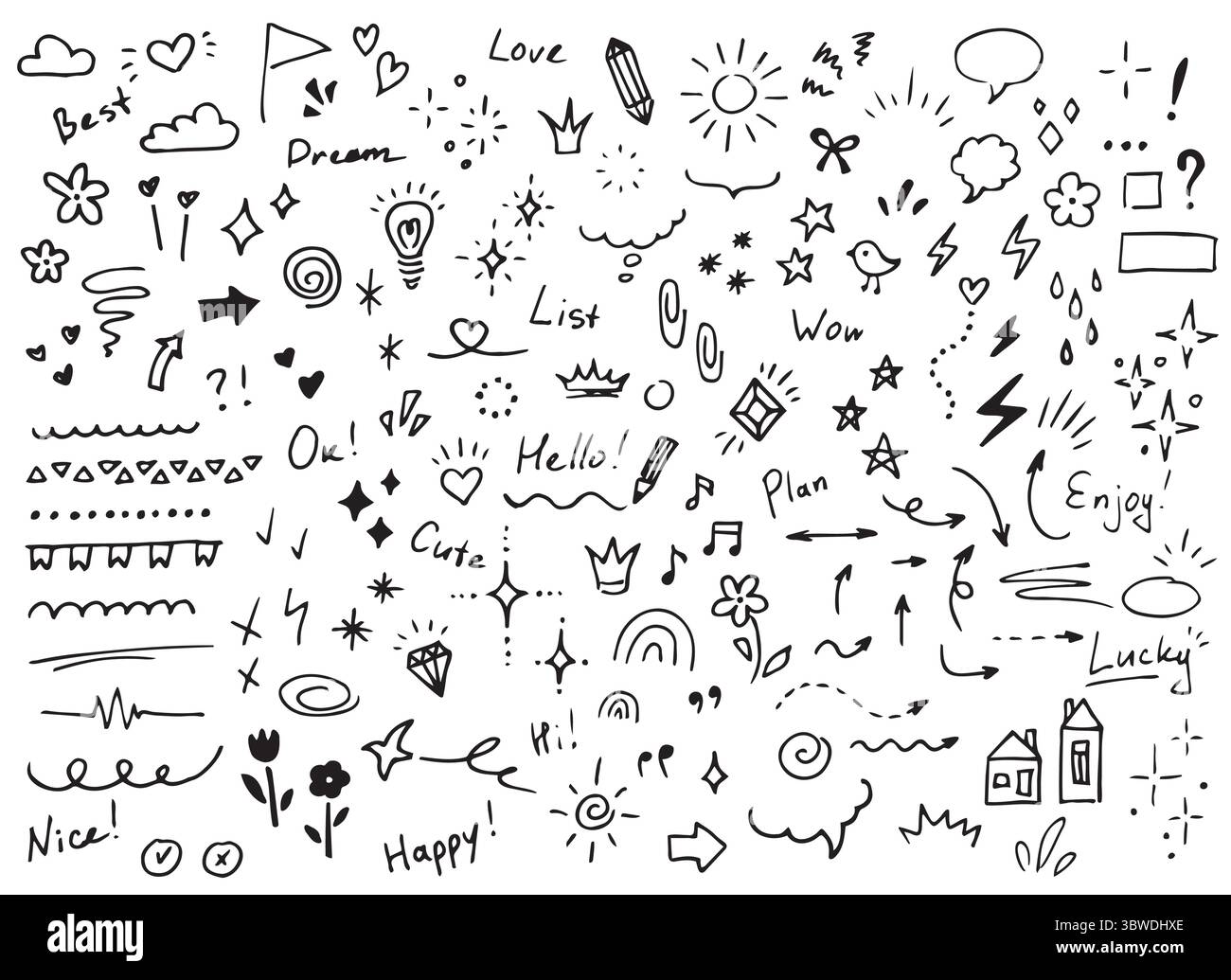 Set di scarabocchi vettoriali di elementi diversi. Stelle, scintille, frecce, palloncini, cuori, parole, diamanti, fiori, segni Illustrazione Vettoriale