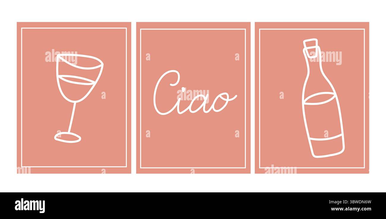Poster di viaggio italiano con bottiglia e bicchiere. Ciao testo disegnato a mano. Illustrazione Vettoriale