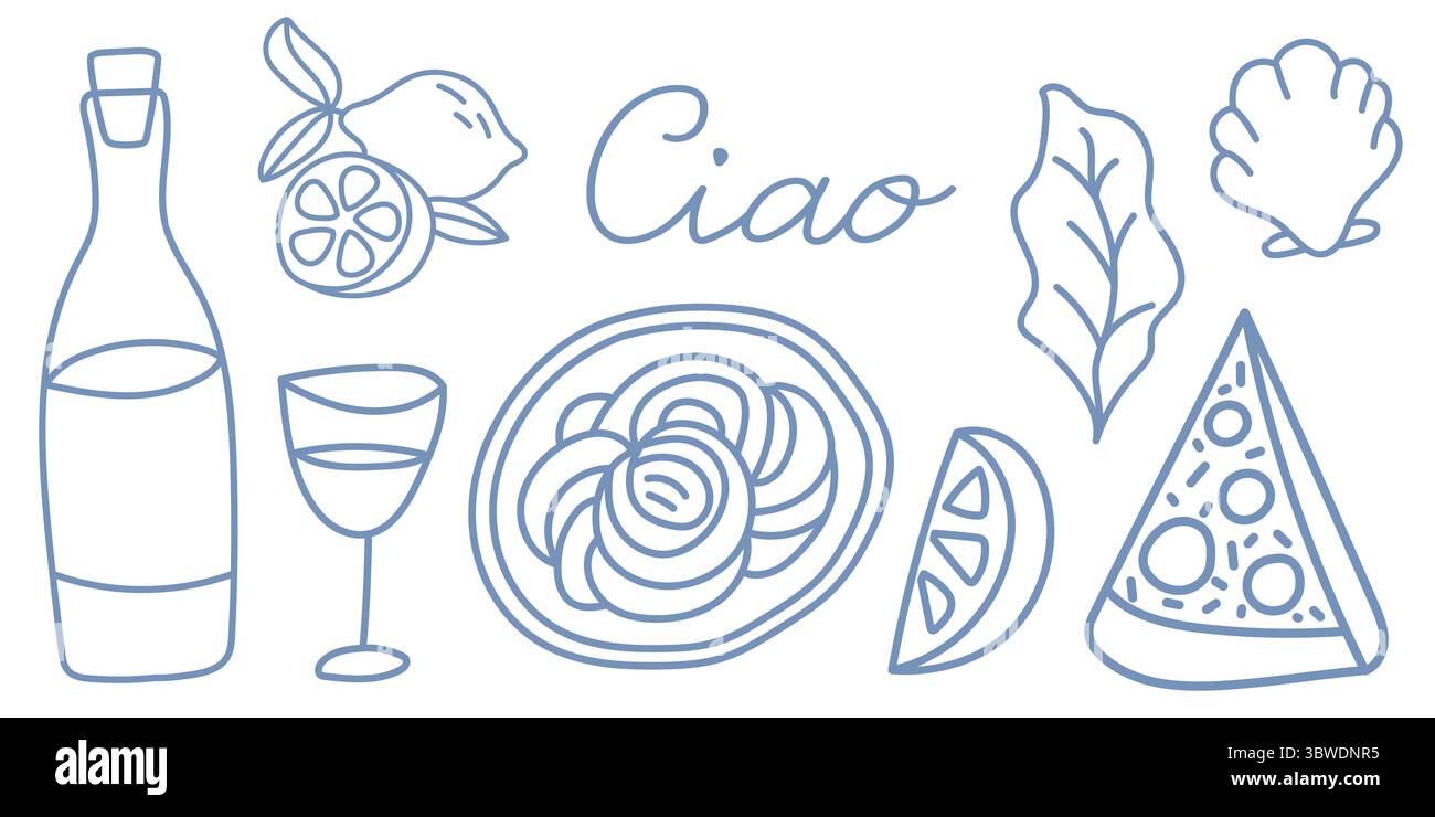 Set italiano blu disegnato a mano con spaghetti, vino, limone e pizza. Illustrazione Vettoriale