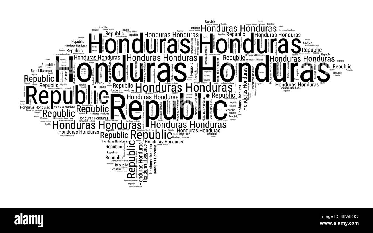 Nuvola di parole in bianco e nero a forma di Honduras. Semplice illustrazione del paese in stile tipografico. Nuvola di testo nera in Honduras su sfondo bianco. Illustrazione Vettoriale