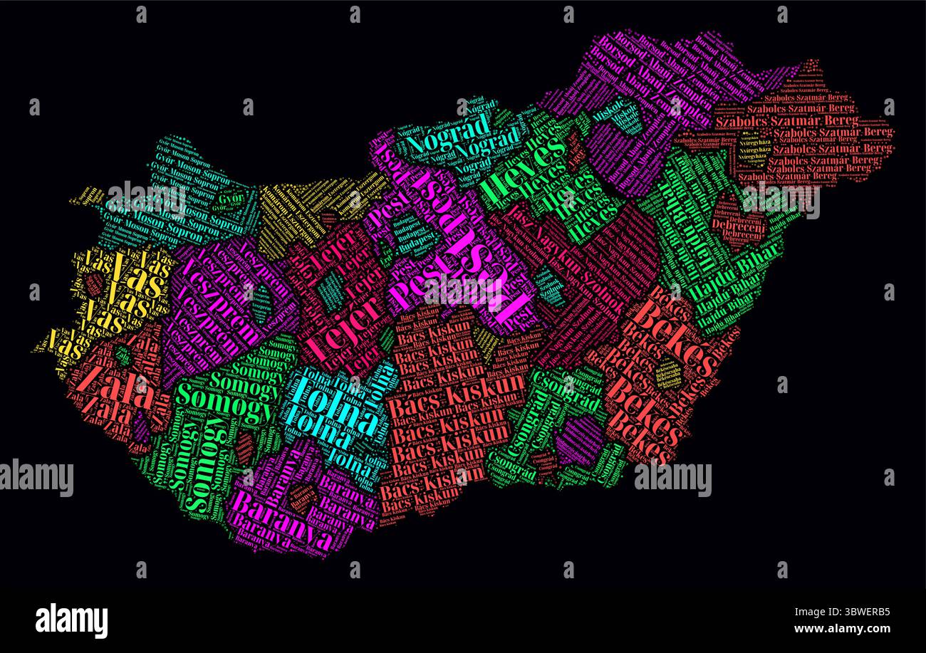 Ungheria regioni Word nuvole. Design luminoso in stile neon su sfondo scuro. I nomi delle regioni del paese in lingua ungherese. Illustrazione Vettoriale