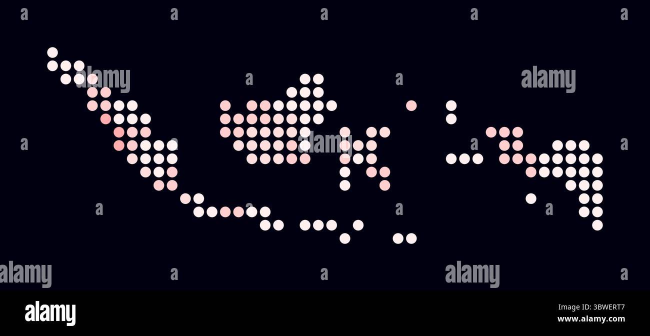 Mappa punteggiata dell'Indonesia. Mappa digitale del paese su sfondo scuro. Forma indonesiana con punti circolari. Stile puntini colorati. Cerchi di grandi dimensioni. Illustrazione Vettoriale