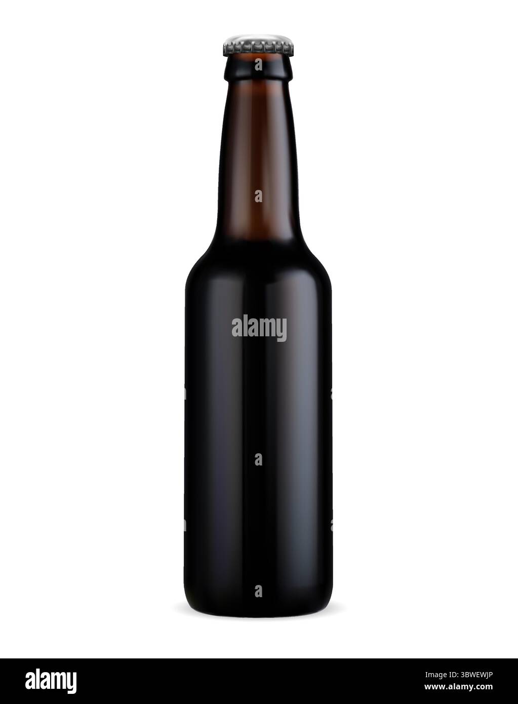 Bottiglia di birra. Mockup in vetro scuro per piccole birre artigianali. Concept del marchio birreria da pub, design di modelli pubblicitari. Flacone in vetro ambrato con tappo argento, min Illustrazione Vettoriale