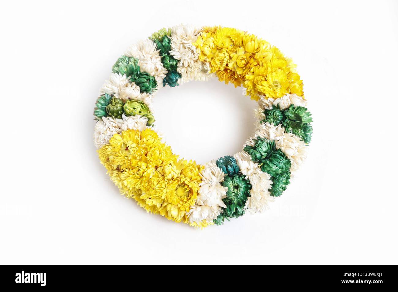 Una corona di porta con bracciatria di helichrysum - fiori eterni. Passo dopo passo, esercitazione. Foto Stock