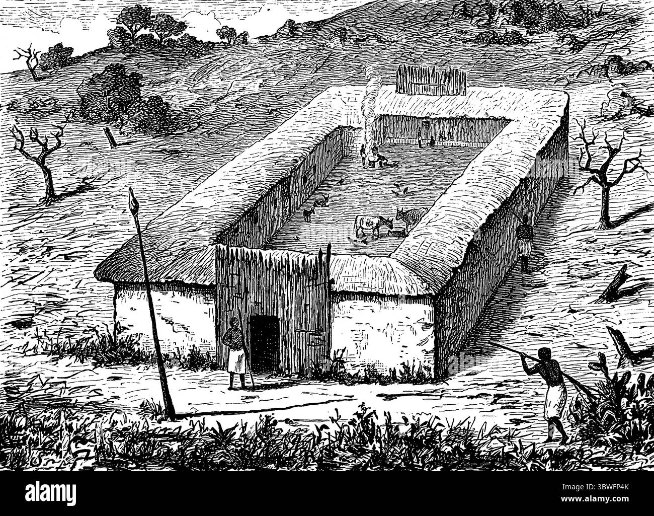 Quartiere vivente del popolo Tembe o Tsonga, un gruppo etnico Bantu nell'Africa meridionale, illustrazione storica 1896 Foto Stock