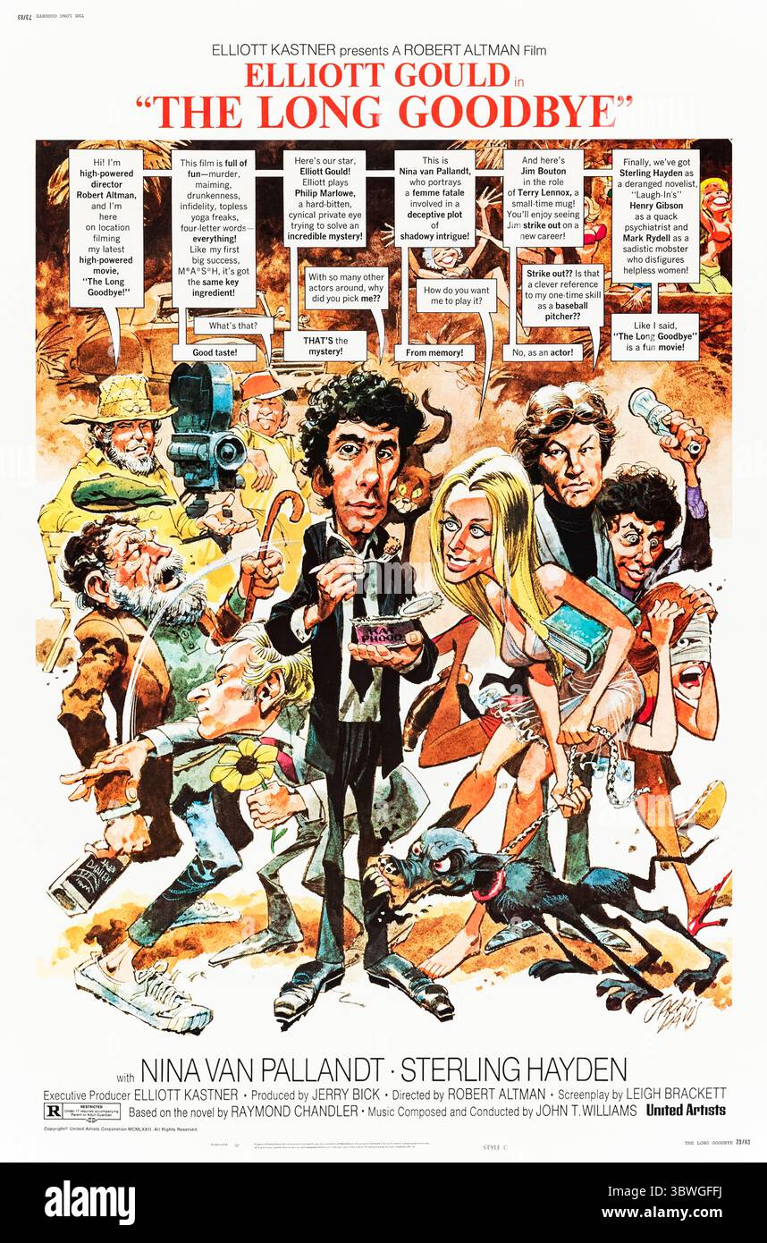The Long Goodbye (1973) diretto da Robert Altman e interpretato da Elliott Gould, Nina van Pallandt e Sterling Hayden. Il detective privato Philip Marlowe indaga sulla scomparsa della moglie del suo amico, portandolo in una rete aggrovigliata di bugie, omicidi e tradimenti nella Los Angeles degli anni '1970. Fotografia di un poster originale degli Stati Uniti del 1973 con un foglio contenente opere d'arte di Jack Davis SOLO PER USO EDITORIALE. Crediti: BFA / United Artists Foto Stock