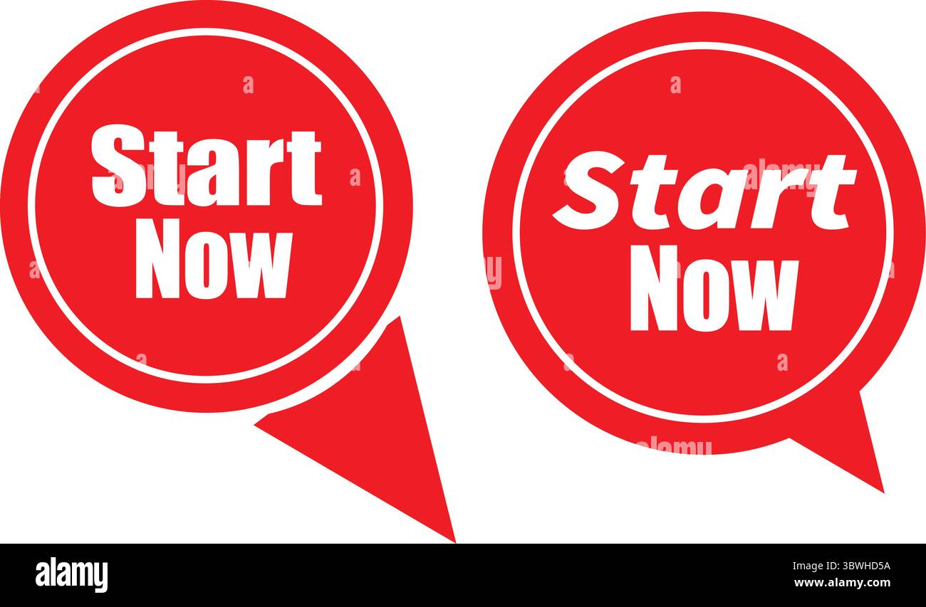 Il moderno design del vettore di etichette a bolle d'aria rosso inizia ora per elementi pop-up o CTA del sito Web Illustrazione Vettoriale