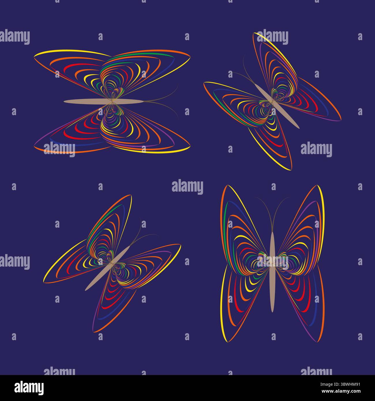 Silhouette a farfalla colorate. Vivace illustrazione degli insetti. Forme vettoriali astratte. Creature alate decorative. EPS 10. Illustrazione Vettoriale