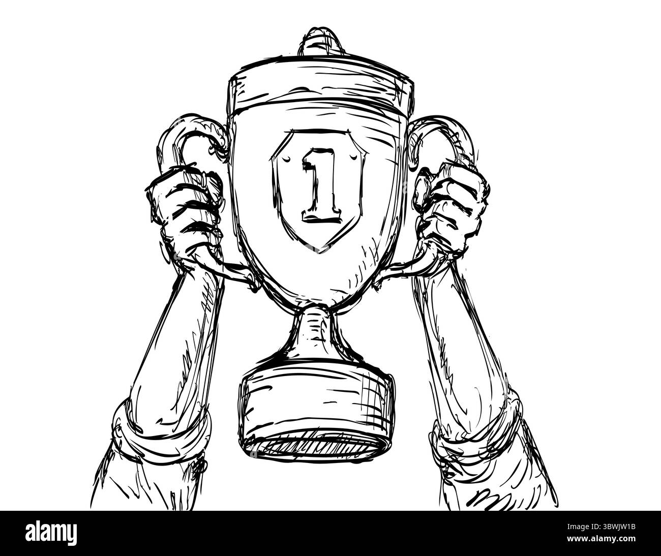 Disegno illustrazione in stile schizzo di mani alzate trofeo campionato sportivo vista frontale su sfondo isolato realizzato in bianco e nero linea art. Illustrazione Vettoriale