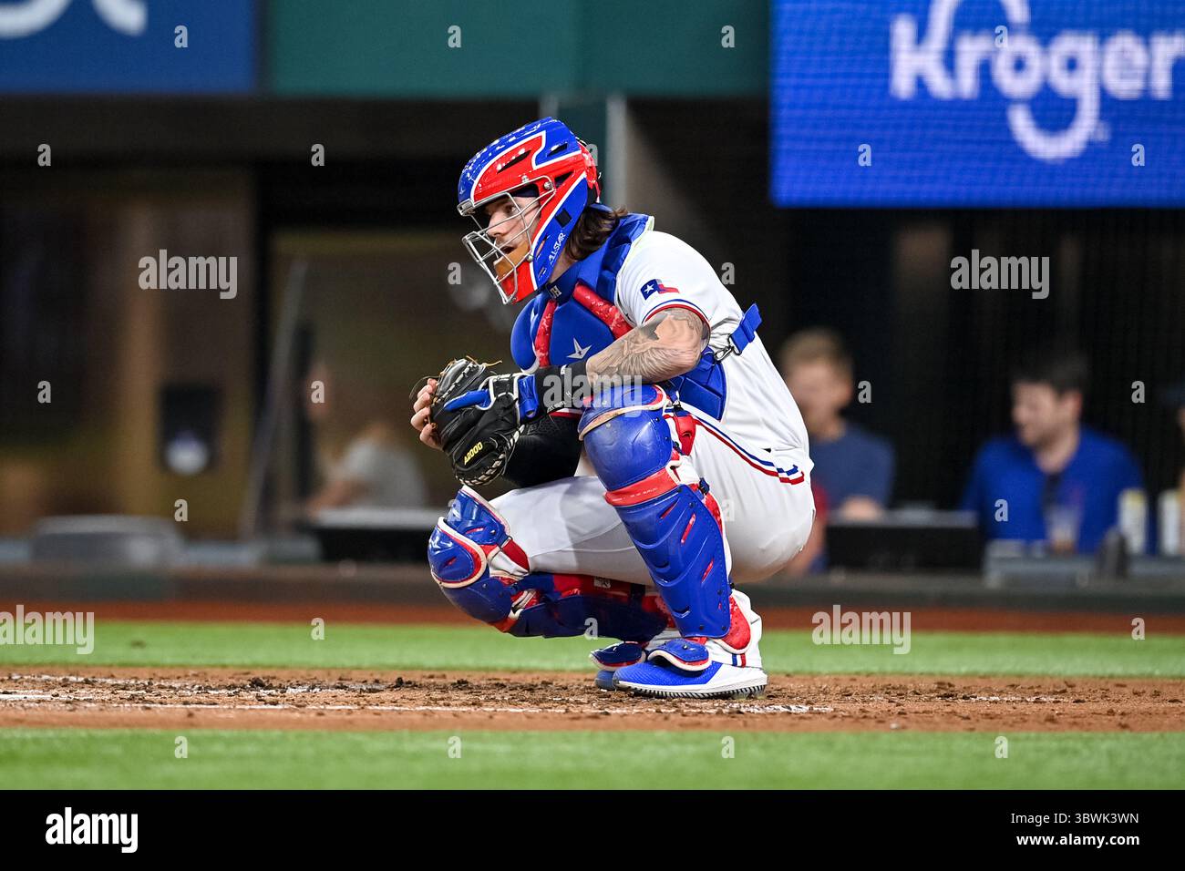 19 giugno 2021: Il ricevitore dei Texas Rangers Jose Trevino (23). Durante una partita tra i Minnesota Twins e i Texas Rangers al Globe Life Field di Arlington, Texas..Manny Flores/Cal Sport Media Foto Stock