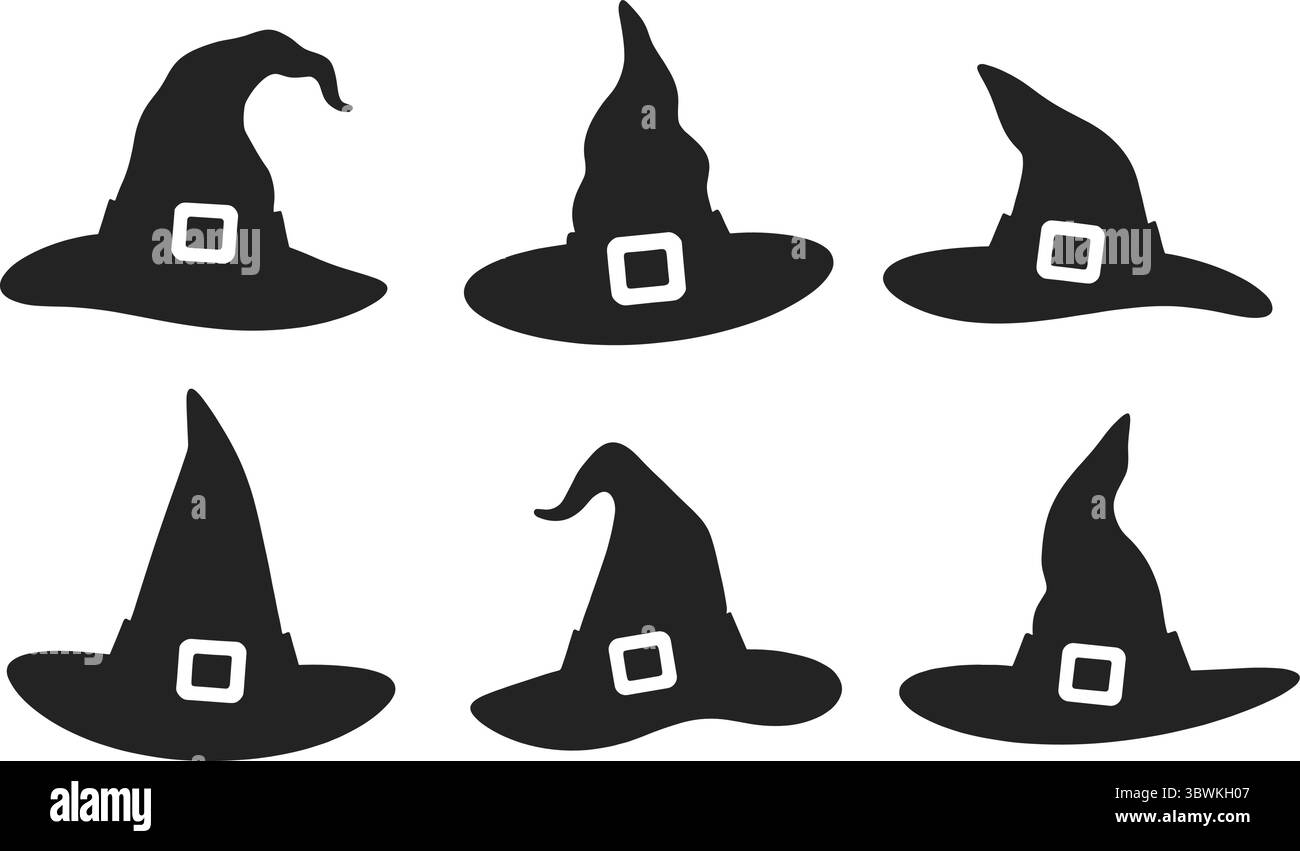 Sei cappelli da strega neri con fibbie bianche vettoriali, sagome di sette diverse scopa stravaganti, Illustrazione Vettoriale