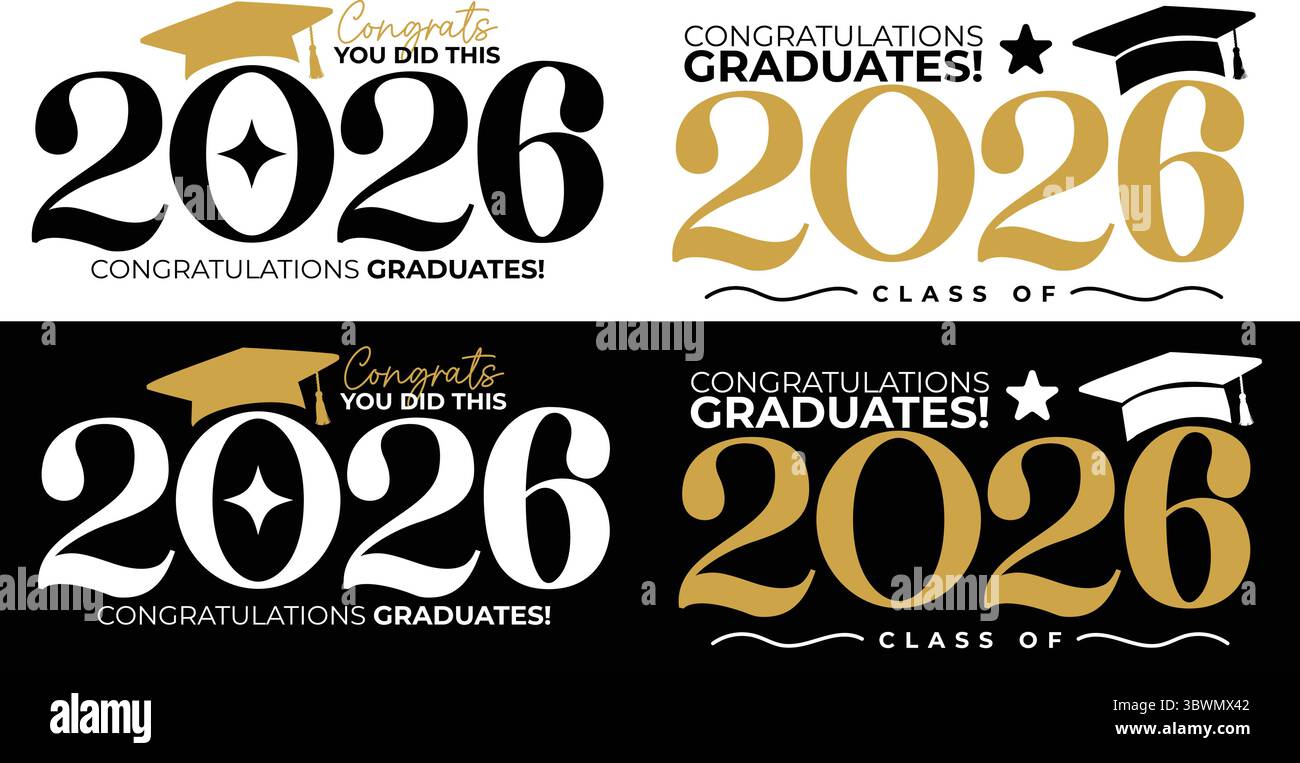 Set di banner Modern Bold Typography "Congratulations Graduates 2026" con icone dei berretti graduati e dettagli a stella in tonalità nero, bianco e oro Illustrazione Vettoriale