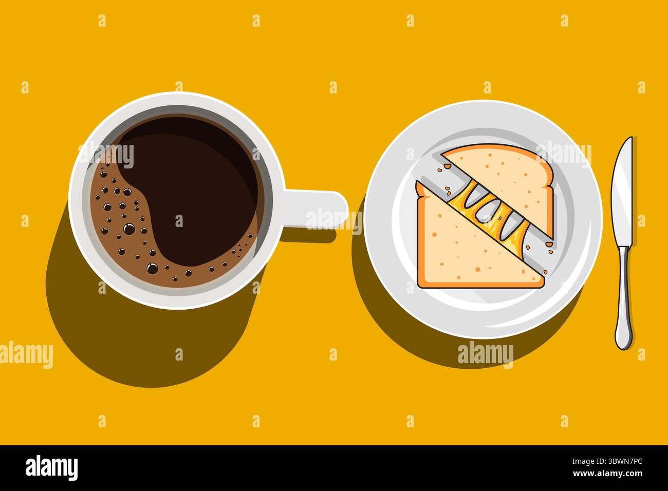 Colazione a base di caffè e formaggio alla griglia, illustrazione vettoriale, design piatto Illustrazione Vettoriale