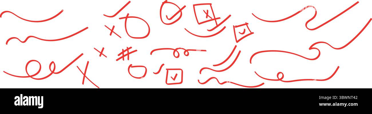 Scarabocchi e scarabocchi rossi disegnati a mano per enfatizzare o evidenziare elementi in progetti di design o arte Illustrazione Vettoriale
