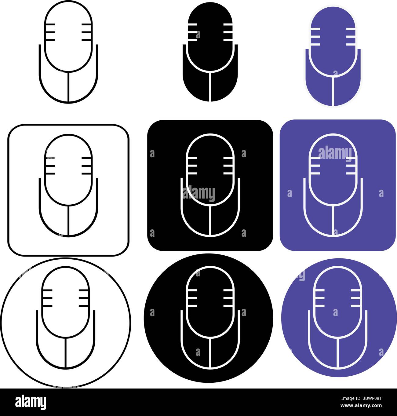 Le icone dei microfoni presentano una rappresentazione visiva della registrazione audio, del podcasting e della trasmissione in uno stile semplice e uno sfondo trasparente Illustrazione Vettoriale