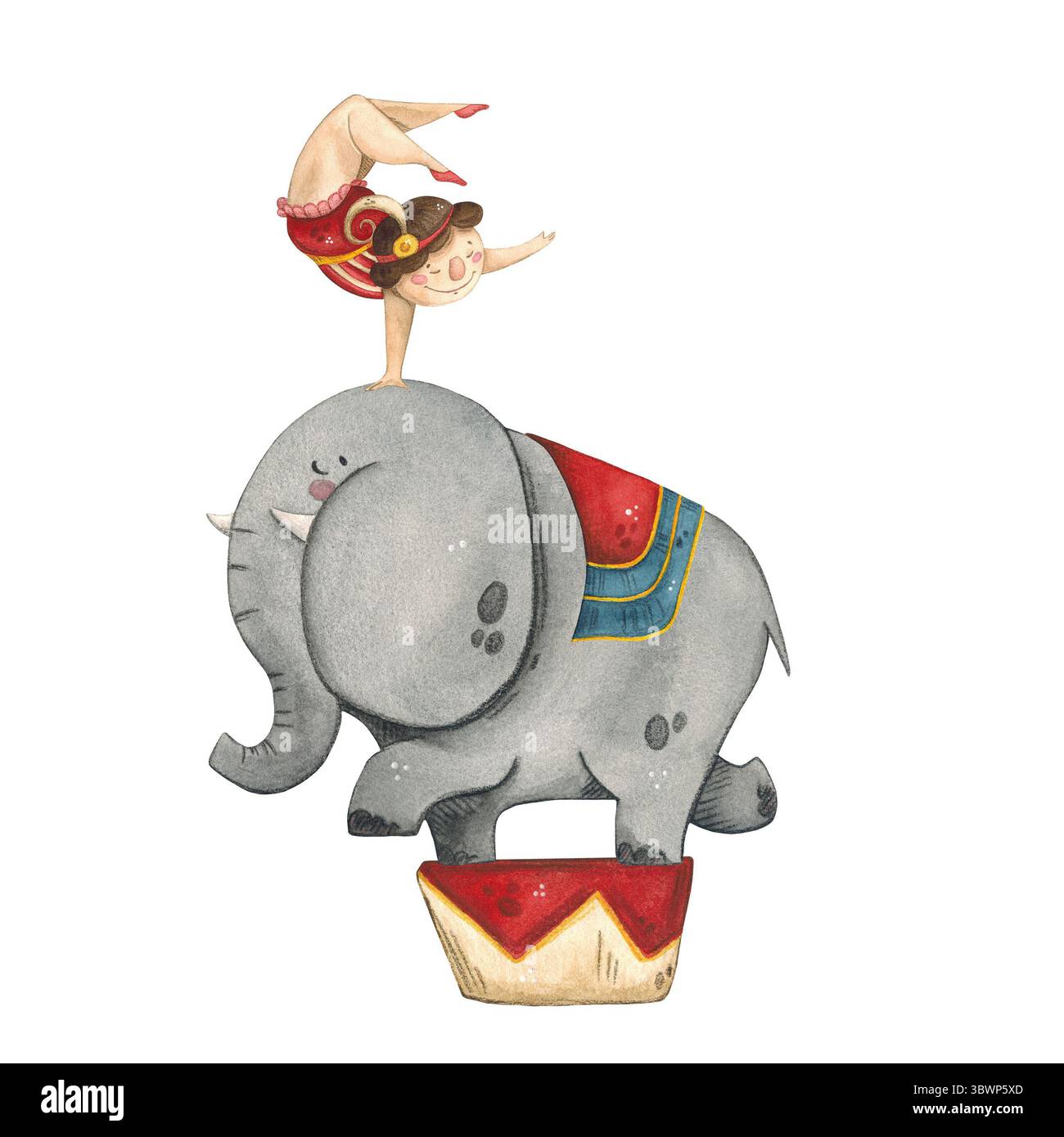 Illustrazione ad acquerello di un elefante da circo su una tribuna e una ginnasta sulla sua testa Foto Stock Illustrazione ad acquerello di un elefante da circo su una tribuna e una ginnasta sulla sua testa Foto Stock