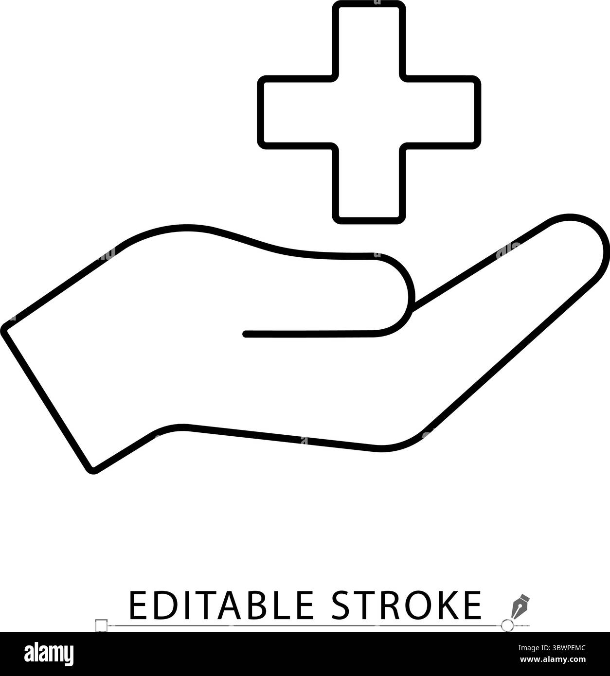 Un'icona di aiuto medico in stile minimalista con ictus modificabile. Mano di aiuto, supporto sanitario, assistenza di emergenza, simbolo croce, accesso al trattamento, primo Illustrazione Vettoriale