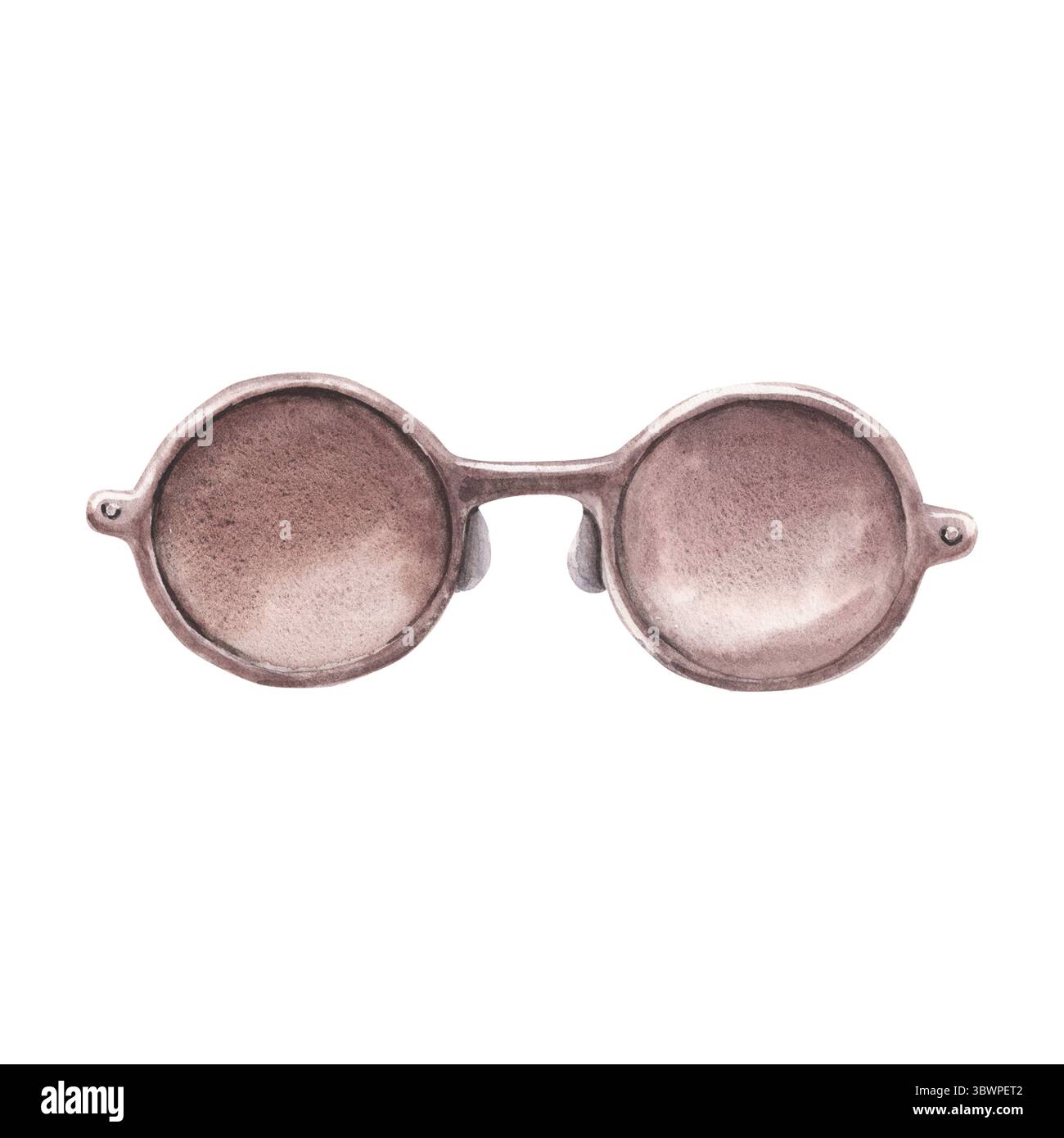 Occhiali da sole rotondi vintage con lenti marroni. Illustrazione ad acquerello dipinta a mano dell'accessorio isolato su bianco. Ideale per design retrò Foto Stock