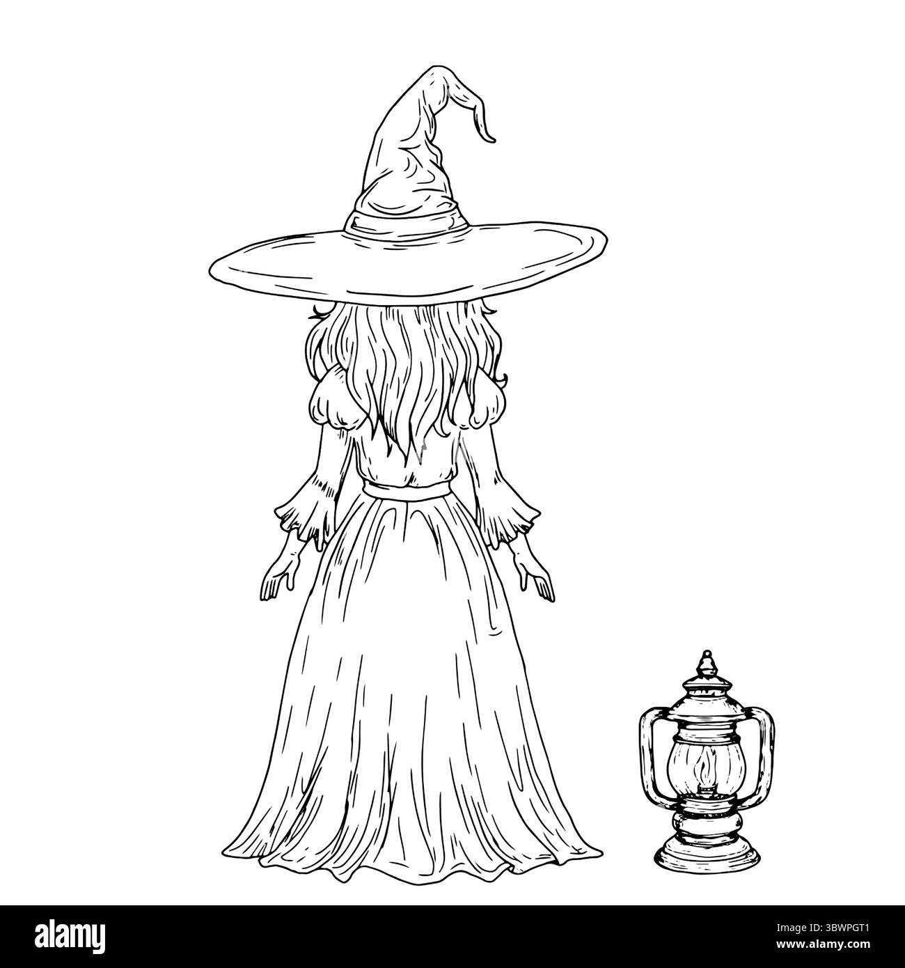 Strega con i capelli lunghi, in cappello appuntito, schizzo bianco e nero. Illustrazione vettoriale. Ragazza maga in abito, vicino alla lanterna tarin, isolata sul bianco Illustrazione Vettoriale