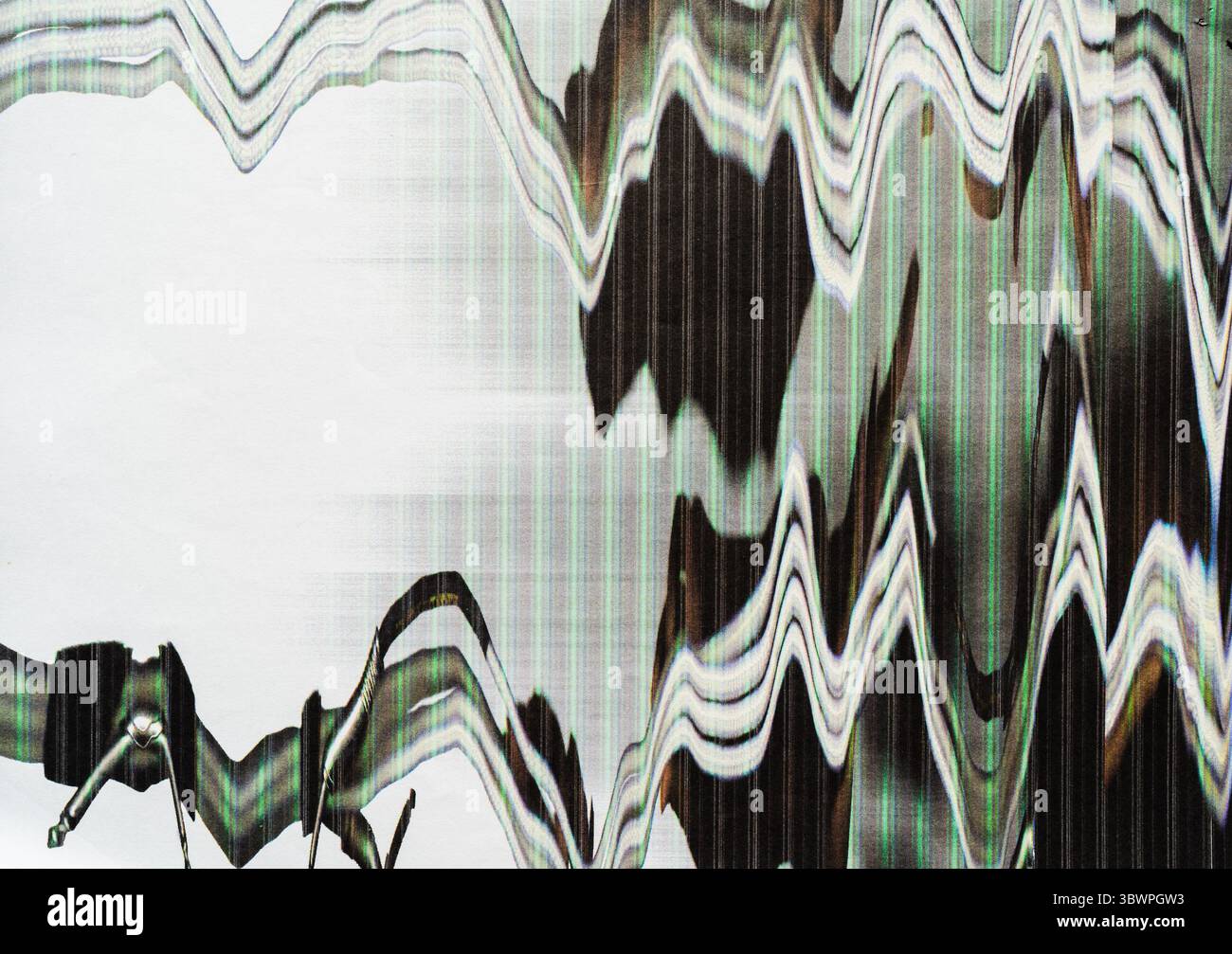 Le onde monocromatiche hanno creato una tecnica di fotocopia artistica con un effetto glitch verde a causa di un errore della stampante Foto Stock