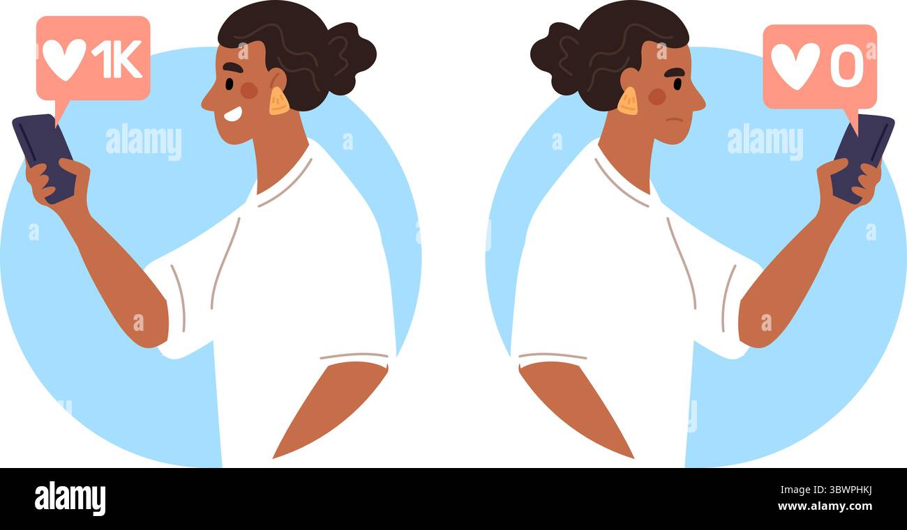 Donna triste senza alcuna reazione al suo post sui social media e si rallegra di un gran numero di mi piace. Popolarità dei contenuti del blog. Influencer con smartphone. Segua Illustrazione Vettoriale