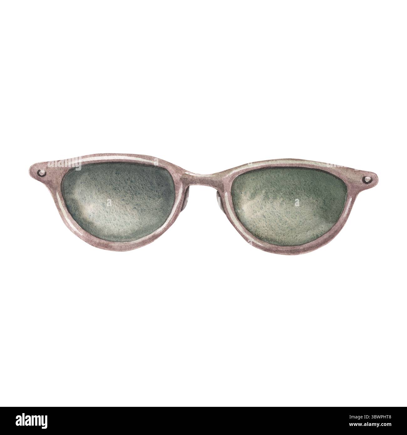 Occhiali da sole ovali vintage con lenti verdi. Illustrazione ad acquerello dipinta a mano dell'accessorio isolato su bianco. Ideale per design retrò Foto Stock