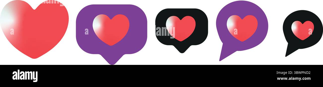 I cuori dei social media e le bolle dei messaggi che rappresentano l'amore, i mi piace e la comunicazione online Illustrazione Vettoriale