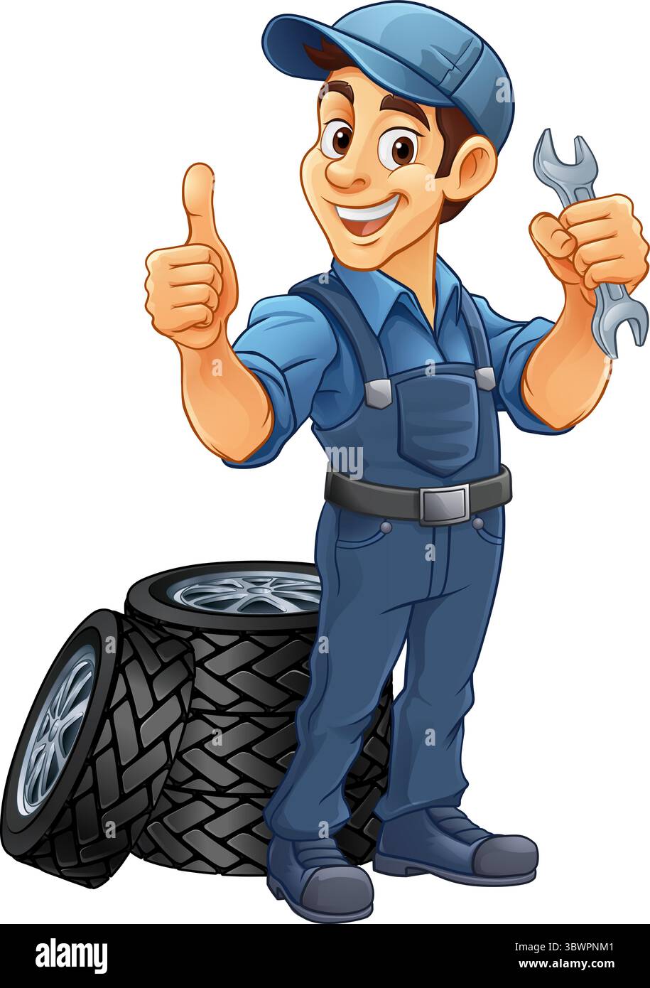 Pneumatico pneumatico meccanico per l'assistenza auto Mascotte Cartoon Man Illustrazione Vettoriale