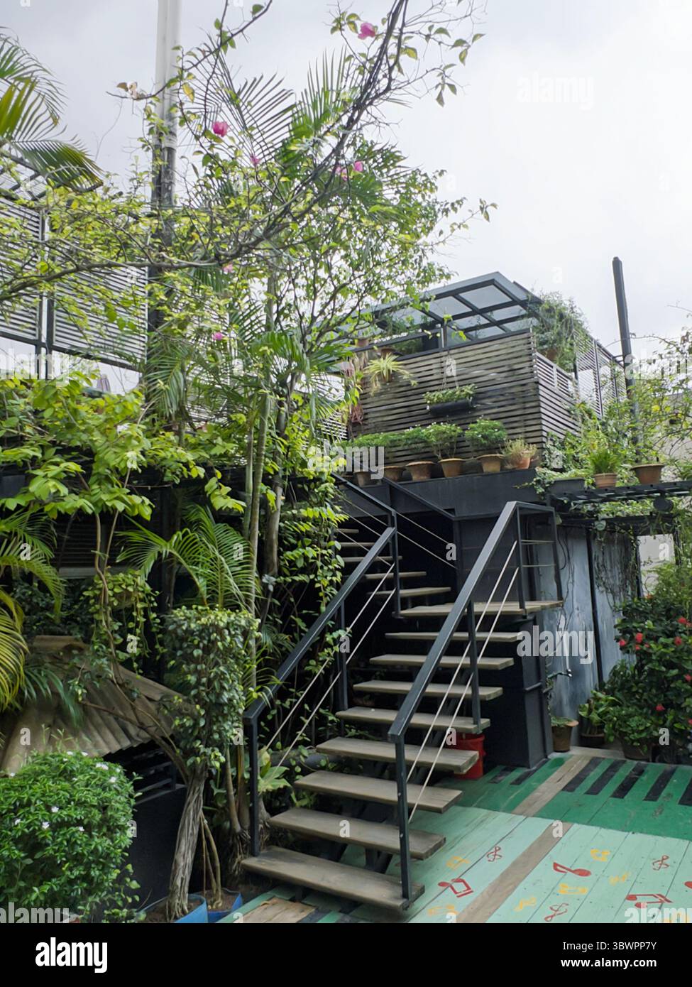 Scala in legno nel giardino sul tetto - Immagine stock catturata con smartphone