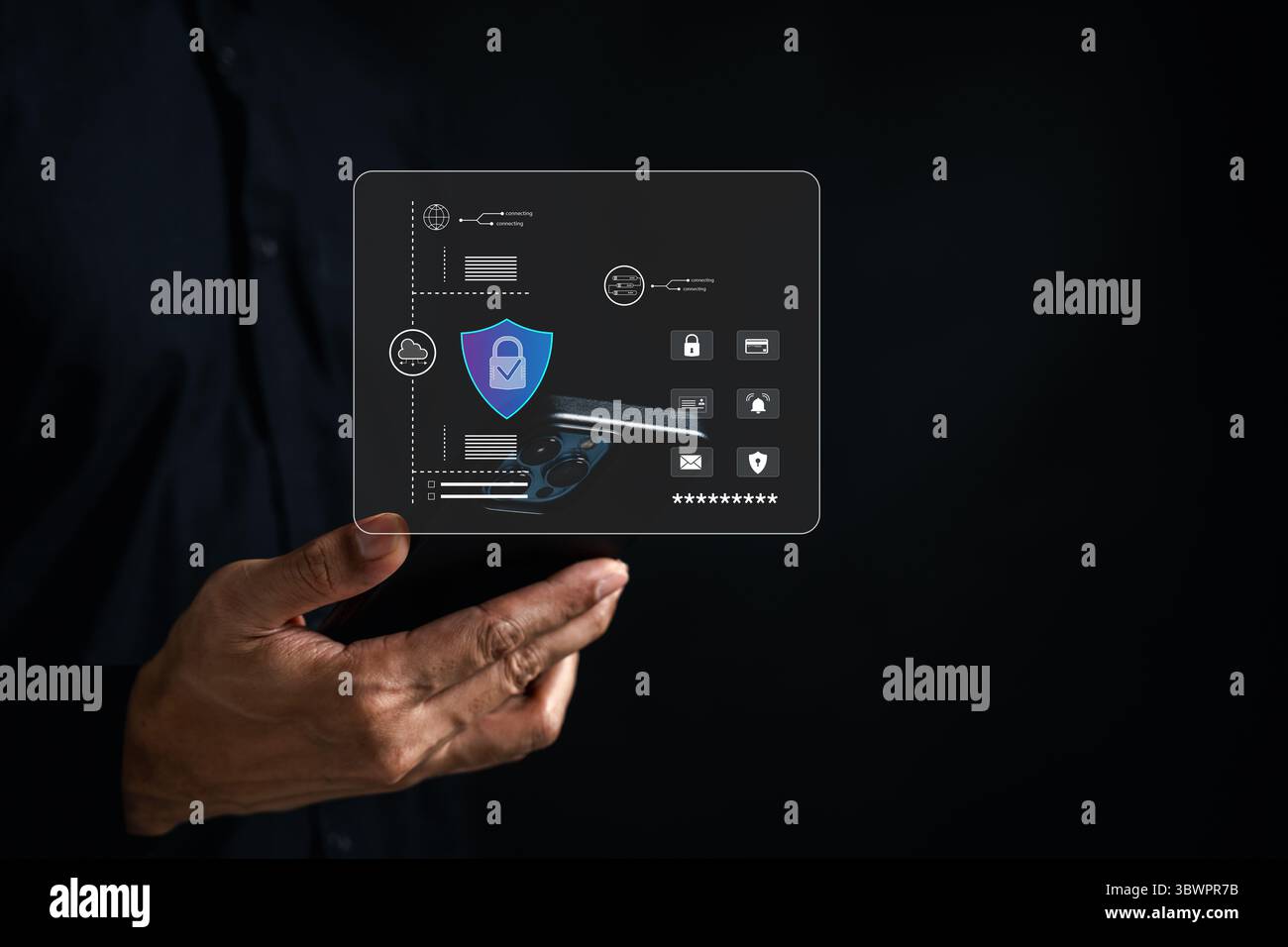 Accesso protetto alla privacy digitale dati crittografati, protezione tramite password, autenticazione dell'identità e sistema di sicurezza informatica per una connessione online sicura e c Foto Stock