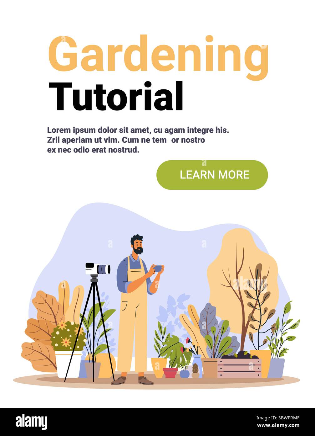 Esercitazione di giardinaggio uomo registrazione videocamera treppiede piante fogliame scena all'aperto moderno banner piatto sito web Illustrazione Vettoriale