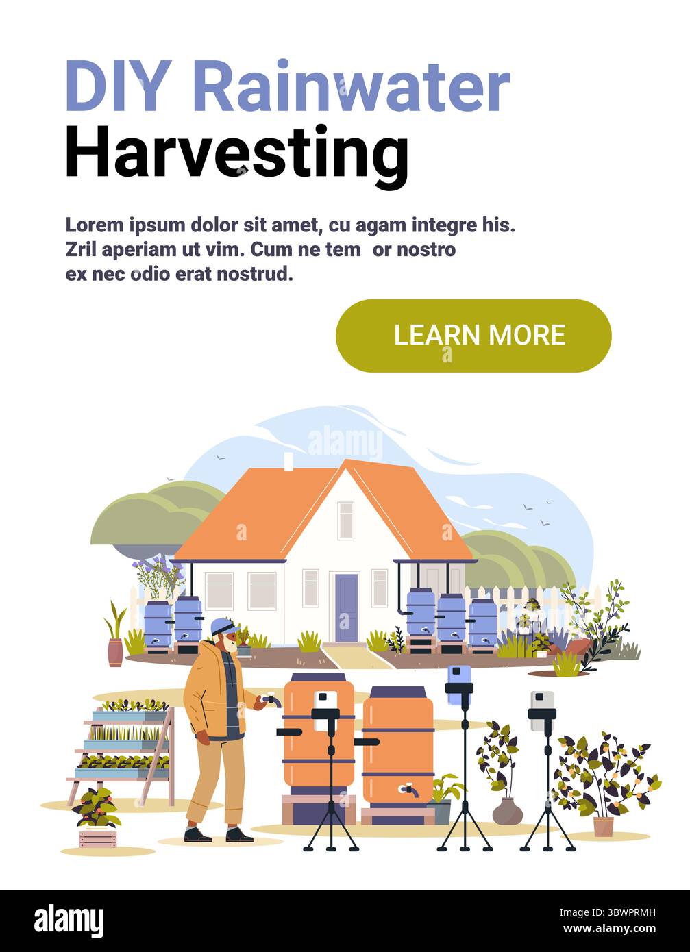 Raccolta di acqua piovana fai da te botti d'acqua del giardino uomo che registra video videocamera treppiedi piante per vivere sostenibile all'aperto banner del sito Web Illustrazione Vettoriale