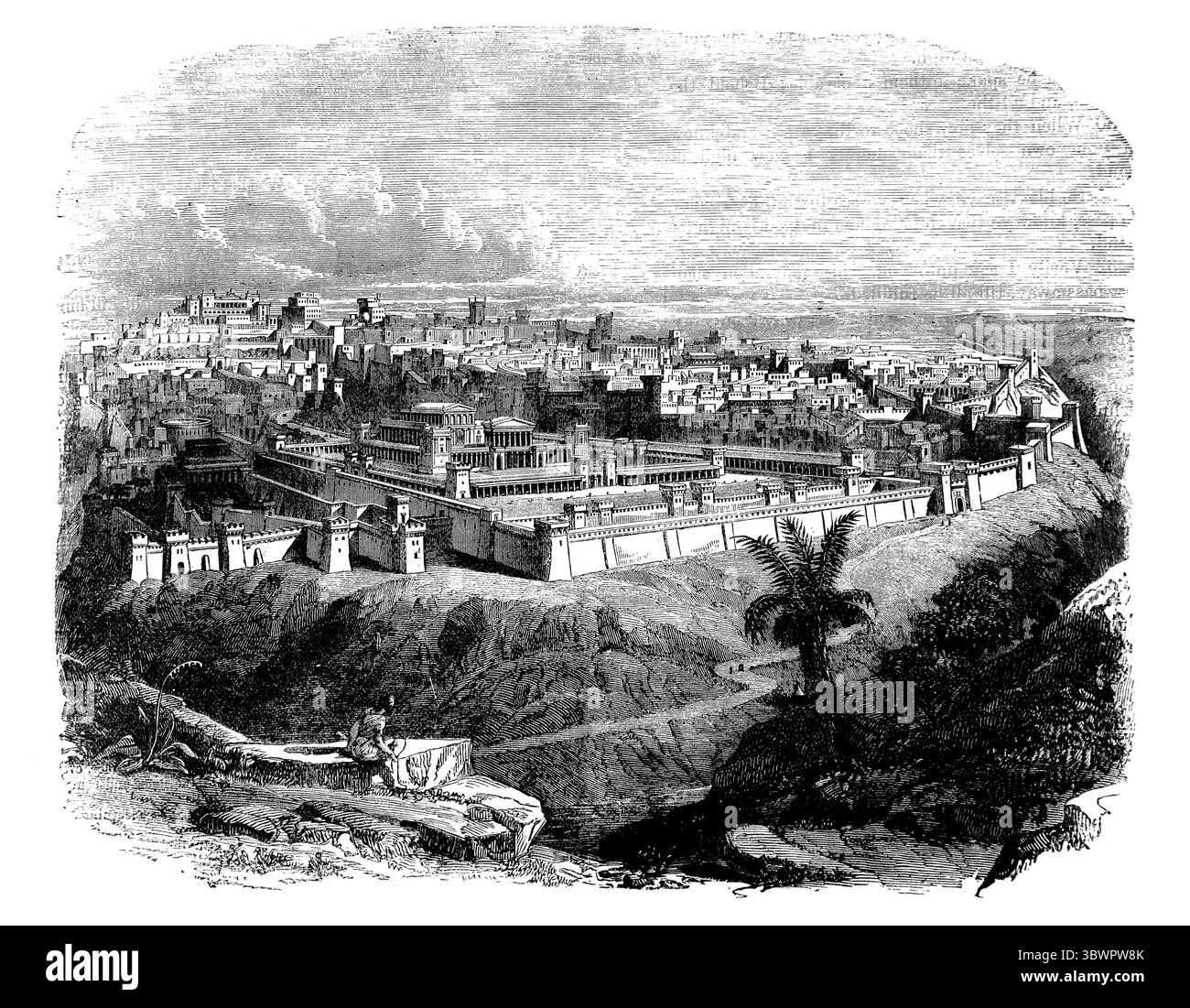 Illustrazione di Gerusalemme al tempo di Gesù Cristo dall'Antico XIX secolo la Sacra Bibbia contenente l'Antico e il nuovo Testamento con espiatorio Foto Stock