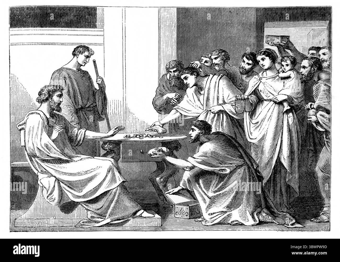 Illustrazione dei cristiani macedoni che premevano i loro doni su Paolo ( II Corinzi VIII 1-4) i macedoni che erano essi stessi in povertà donat Foto Stock