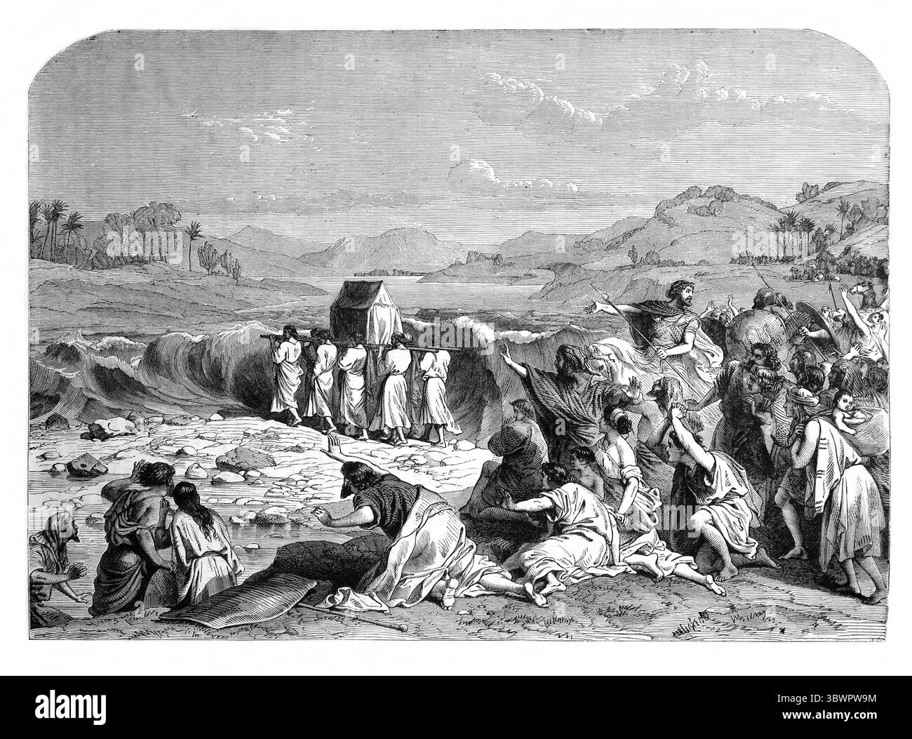 Illustrazione degli Israeliti che attraversano il fiume Giordano seguendo i sacerdoti che portano l'Arca dell'Alleanza e mentre attraversano il fiume si prosciugano Foto Stock Illustrazione degli Israeliti che attraversano il fiume Giordano seguendo i sacerdoti che portano l'Arca dell'Alleanza e mentre attraversano il fiume si prosciugano Foto Stock