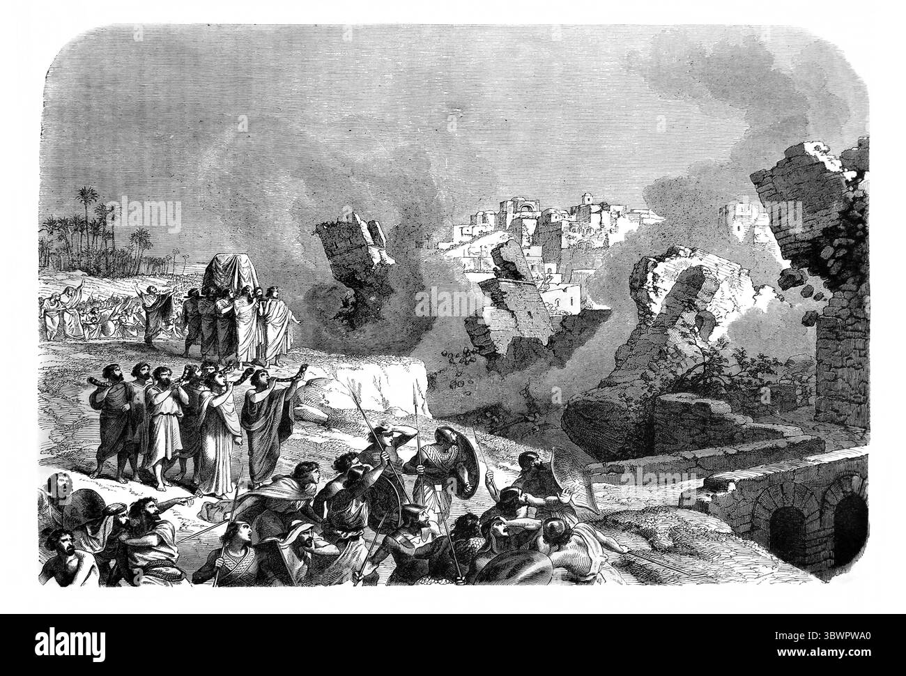 Illustrazione della caduta di Gerico - suono trombe il popolo grida e le mura di Gerico cadono gli Israeliti marciavano una volta al giorno per 6 giorni e 7 Foto Stock